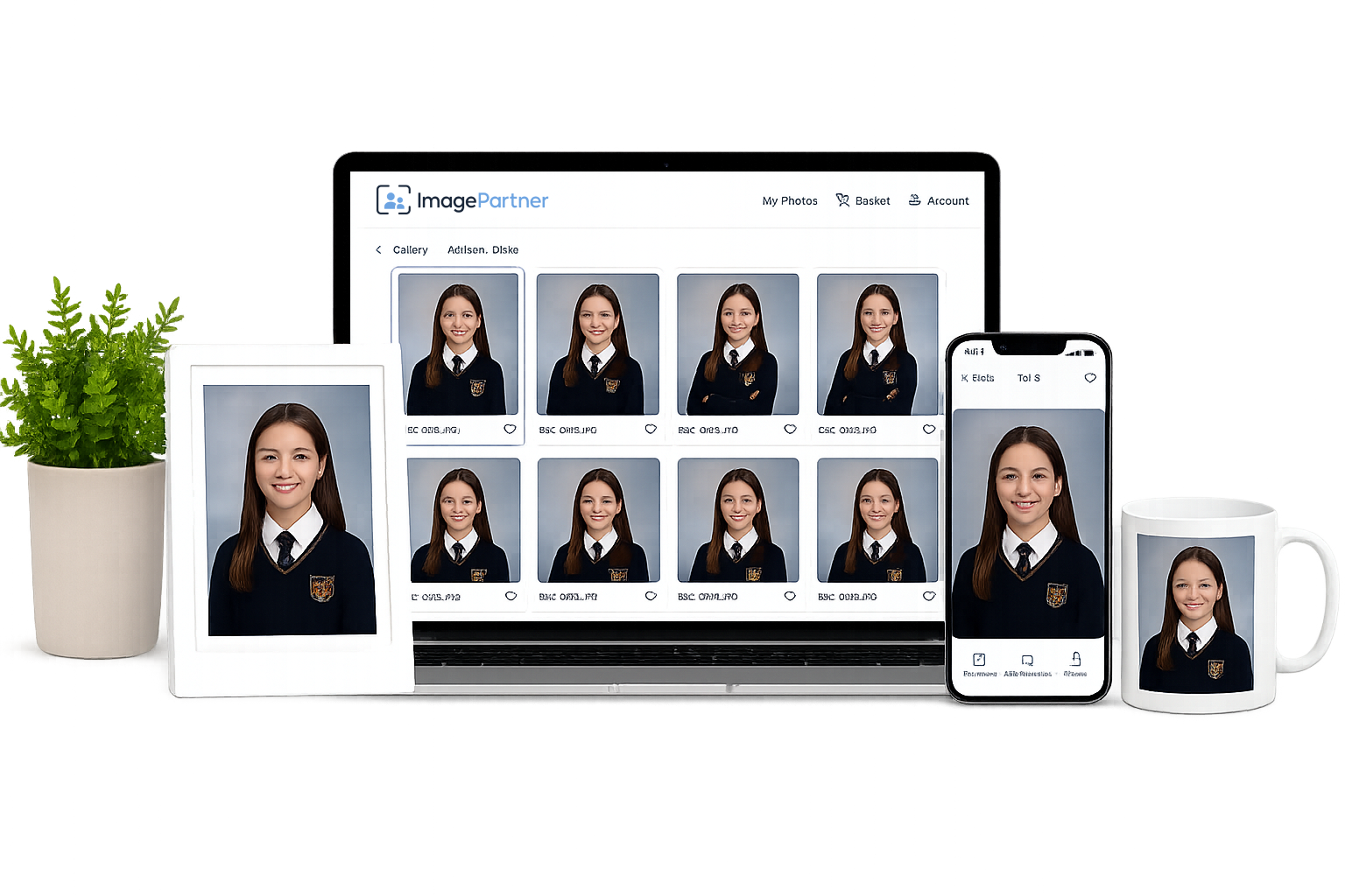 School photos on laptop and phone, with framed print and photo mug